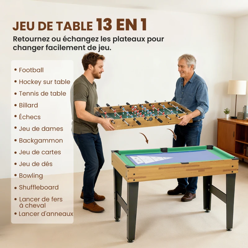 SPORTNOW Table multijeux 13 en 1, table de jeu baby-foot, billard, ping-pong, 121x109x80cm, pour enfants et adultes, noyer clair