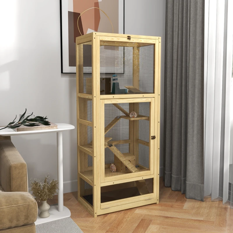 PawHut Cage pour hamsters ou petits animaux en bois 5 niveaux avec échelle niche balançoire 54 x 38 x 131 cm naturel