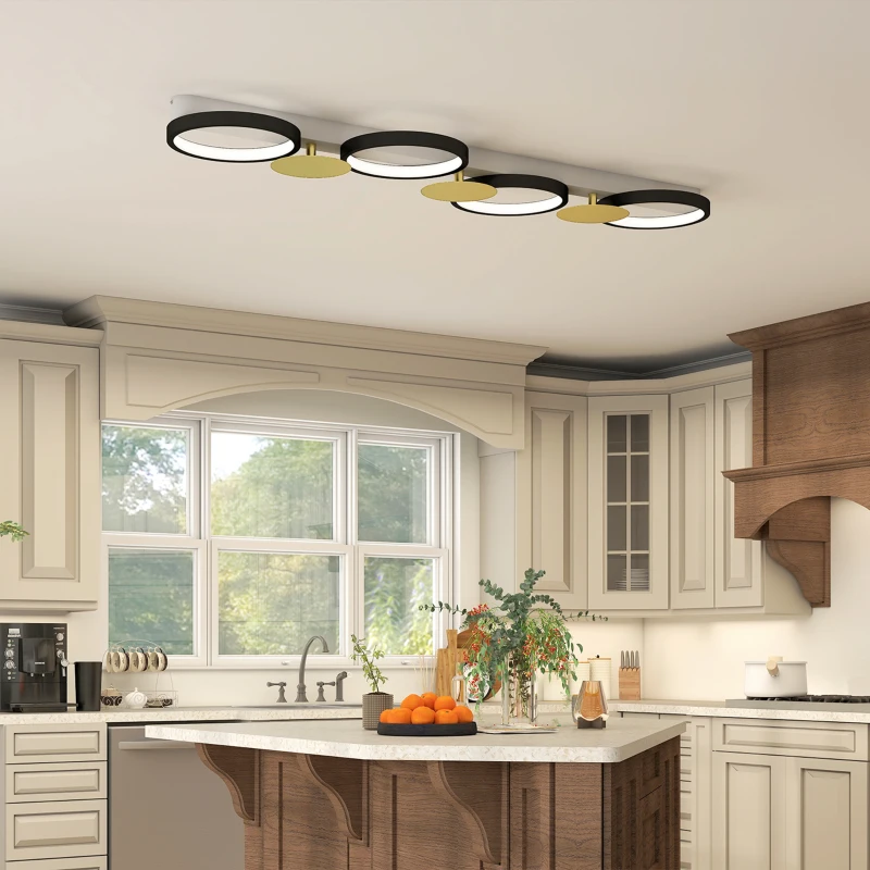 HOMCOM Plafonnier LED 38W, luminaire plafonnier 4 lumières à montage affleurant, télécommande, 100 x 31 x 7 cm, doré et noir