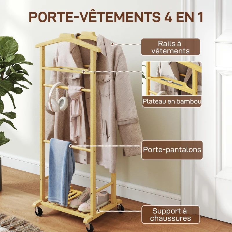 HOMCOM Portant à vêtements sur roulettes, porte-manteaux en bambou, double cintre intégré, 47 x 33,7 x 105,5 cm, bois naturel