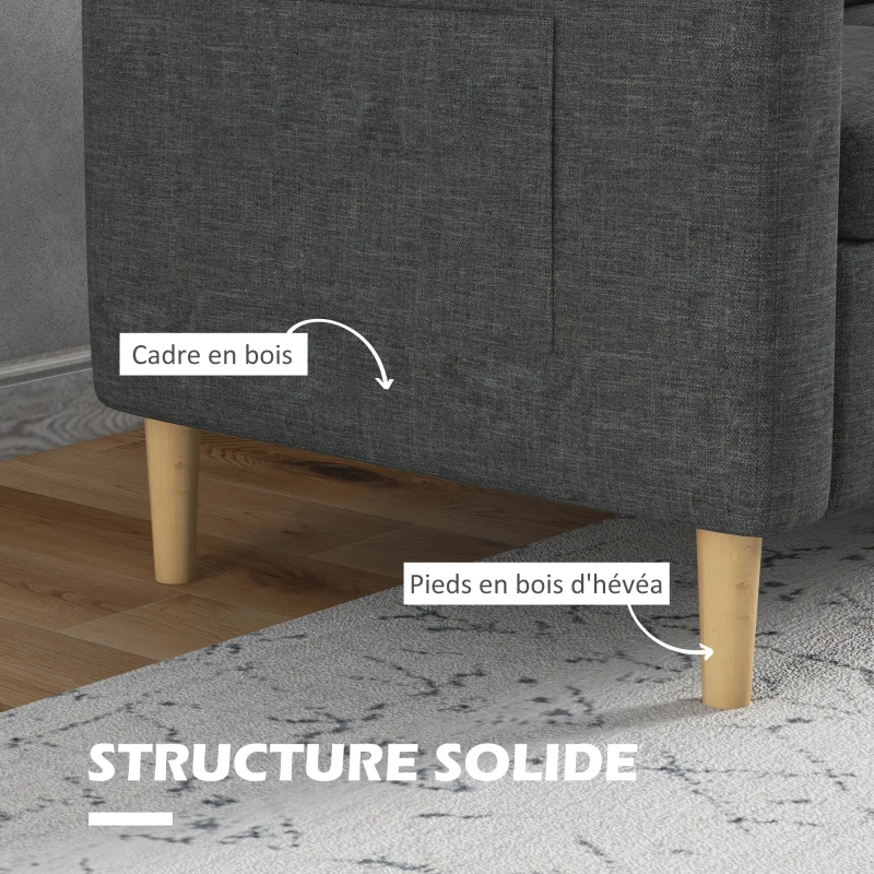 HOMCOM Canapé 2 places style contemporain pochettes sur les accoudoirs pieds en bois revêtement tissu aspect lin - gris