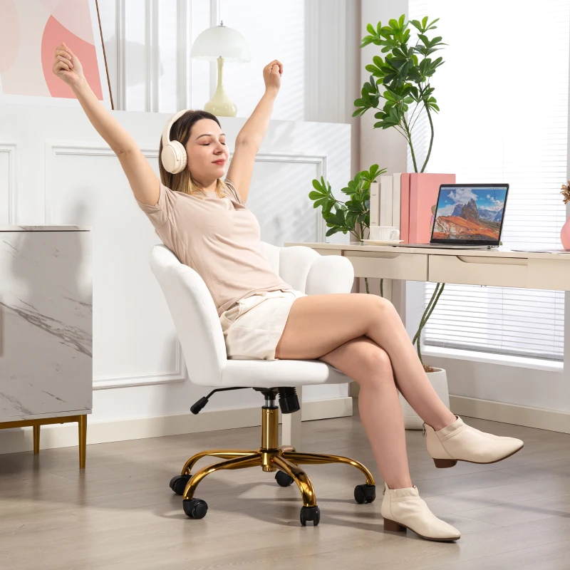 HOMCOM Chaise bureau en velours, chaise coiffeuse avec dossier en pétale, hauteur réglable, 69 x 64 x 80-90 cm, blanc