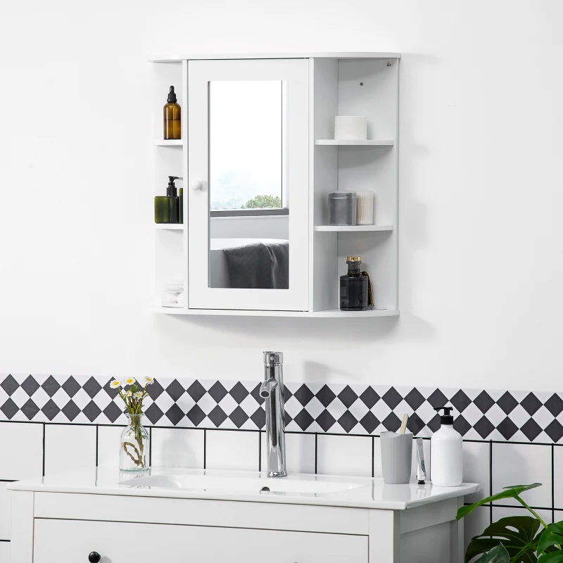 HOMCOM Armoire Murale avec Miroir Salle de Bain Meuble Miroir avec Rangement Toilettes 1 Porte + étagères latérales Blanc