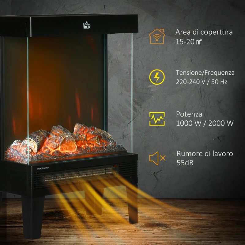HOMCOM Camino Elettrico 1000W / 2000W con Fiamma LED Realistica e Controllo Temperatura, 40.5x20x62 cm, Nero