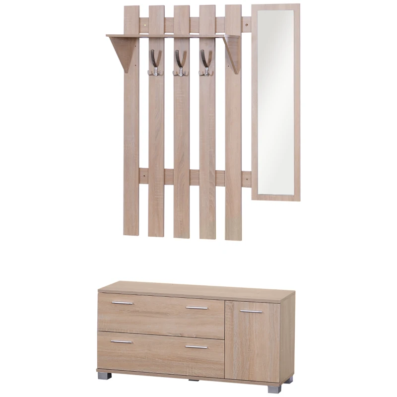 HOMCOM Móvel Cabide de Entrada com Espelho Ganchos e Sapateira Móvel de Entrada com 3 Ganchos Prateleira e 2 Gavetas para Corredor Carvalho