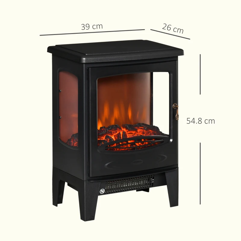 HOMCOM Camino Elettrico Effetto Fiamma e 3 Lati Aperti, Temperatura Regolabile 900W-1800W, Protezione da Surriscaldamento, Copertura 20-25m², 39x26x54.8cm, Nero