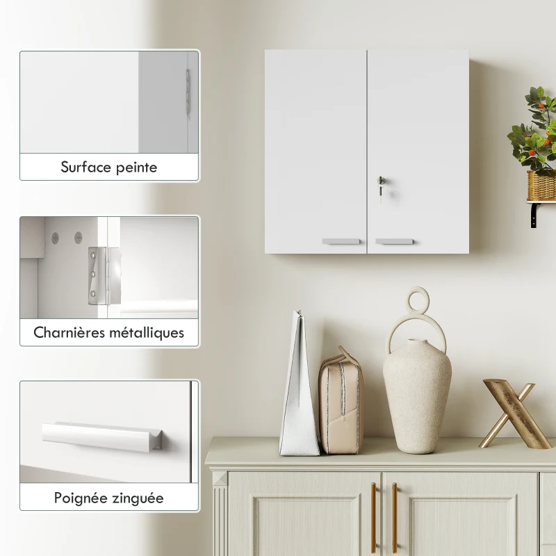 HOMCOM Armoire à pharmacie murale, armoire à médicaments à 4 étagères avec double porte verrouillable 2 clés, 53x20x53cm, blanc