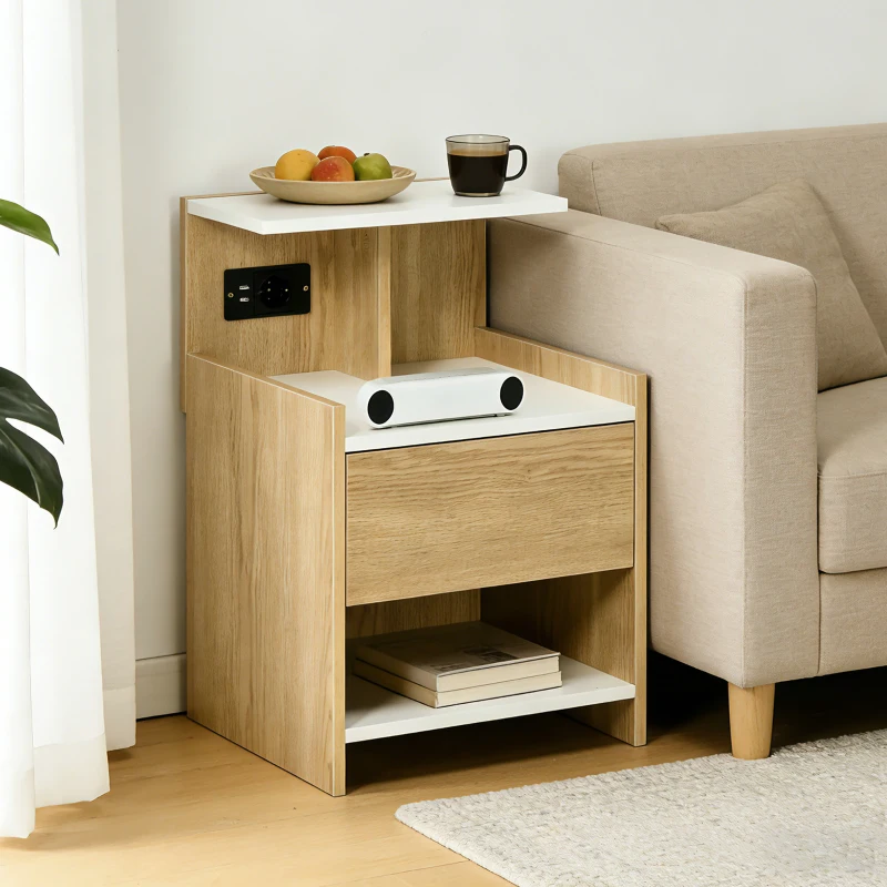 HOMCOM Mesilla de Noche con Puertos USB Toma de Corriente Cajón y Estantes Mesa de Noche 40x40x60 cm Natural