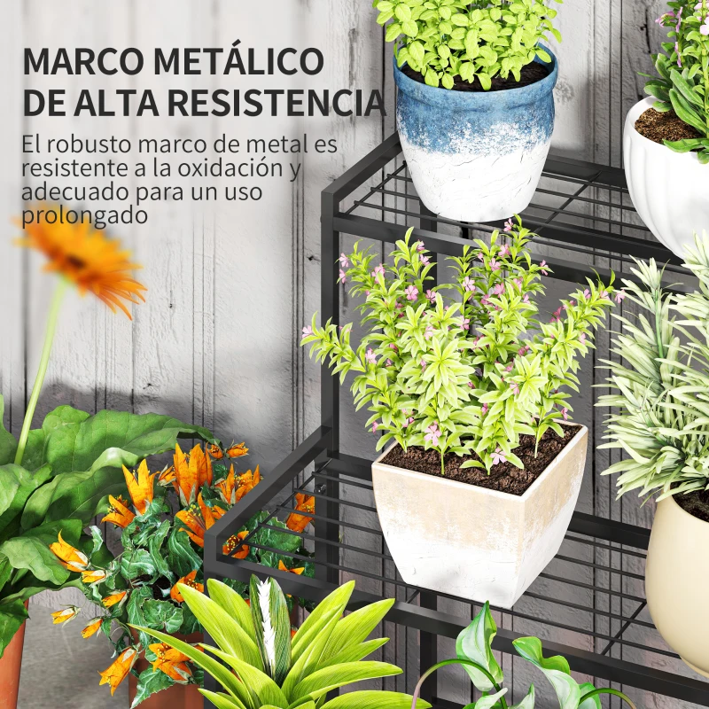 Outsunny Soporte para Plantas de Tres Niveles con Diseño en Escalera y Estructura Metálica Resistente para Interior y Exterior