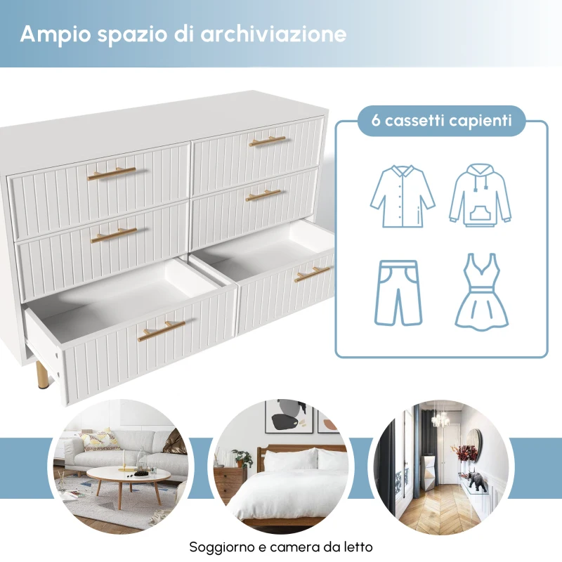 Credenza Moderna con 6 Cassetti per Soggiorno e Cucina, Piedi e Maniglie Dorati, 120x40x75.5 cm, Bianco