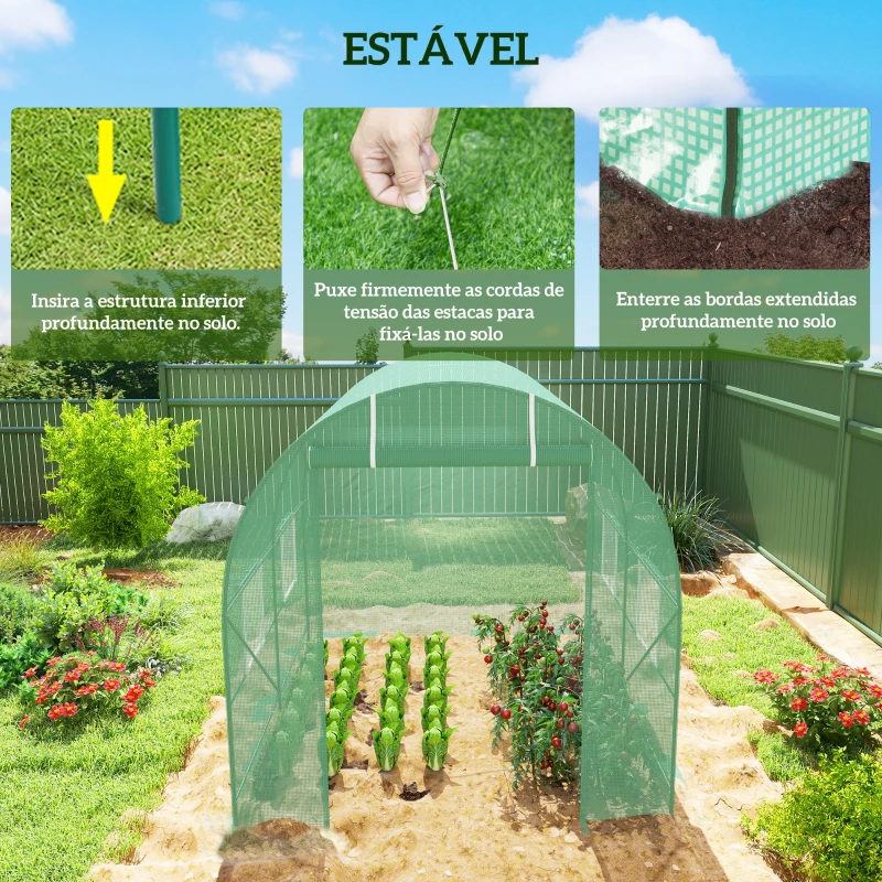 Outsunny Estufa Tipo Túnel 250x200x200cm Estufa de Jardim com Janelas e Portas Enroláveis para Cultivo de Plantas Verde