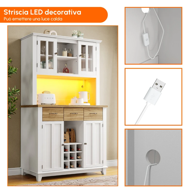 Mobile alto per cucina con illuminazione LED, 106x40x179,5 cm, Legno e Bianco