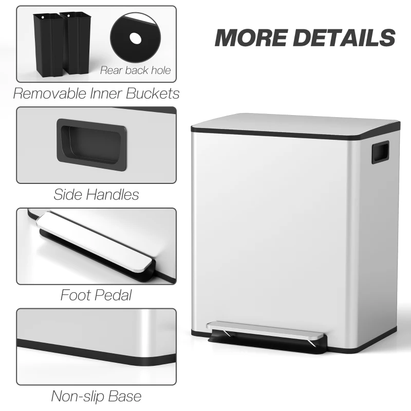 HOMCOM 50L Dual Compartment Stainless Steel Bin, with Deodoriser Holders - Silver