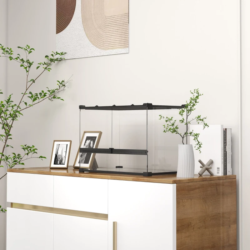 PawHut Boîte à reptiles, boîte d'élevage de reptiles, fermeture sécurisée par rotation, ventilation frontale, 50x30x35cm, noir