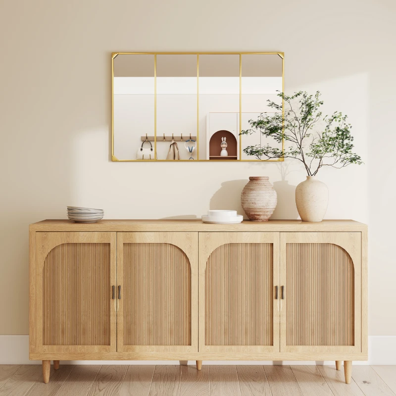 HOMCOM Specchio da parete stile vetrata rettangolare industriale, orizzontale o verticale con 4 ganci, in metallo dorato 109 x 69 cm