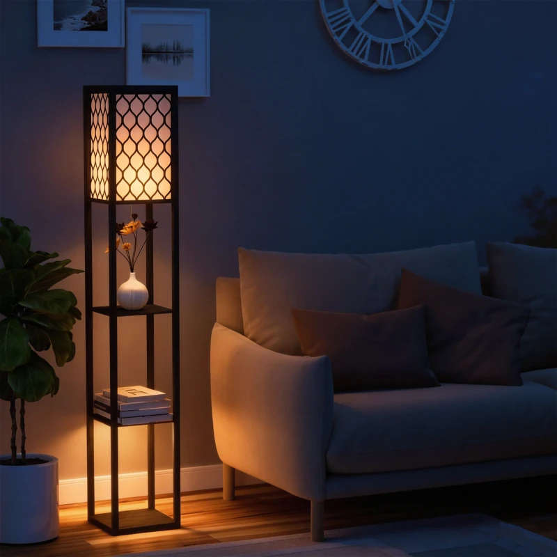 HOMCOM Lampada da Terra 2 in 1 Salvaspazio con 3 Ripiani, Lampada Moderna da Salotto, Soggiorno e Ufficio, Attacco E27, 26 x 26 x 160 cm, Nero Bianco