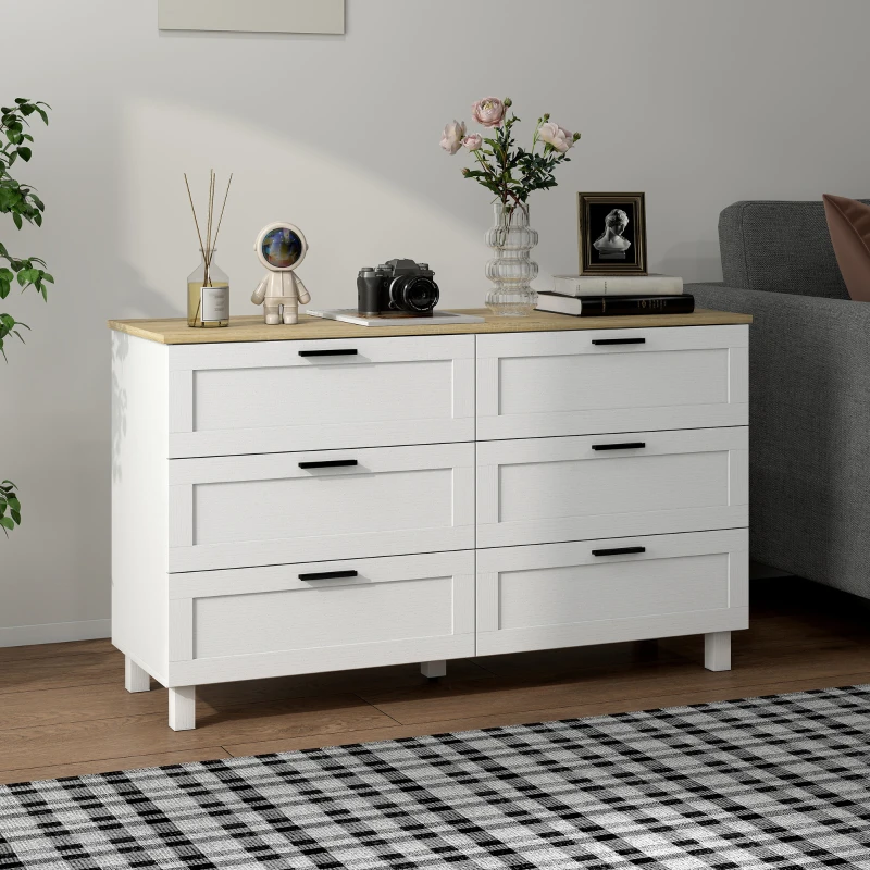 HOMCOM Cassettiera con 6 cassetti, con piedini in pino, stile moderno, 120 x 38 x 71 cm, legno naturale e bianco