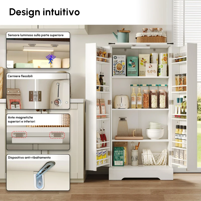 Armadio da cucina in stile country con illuminazione LED e ripiani regolabili, 60x35x128,5 cm, Bianco