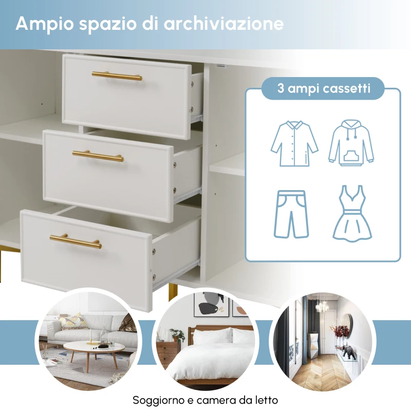Credenza Elegante con 2 Ante e 3 Cassetti,  Design Moderno con Maniglie Decorative Oro, per Soggiorno e Camera da Letto, Bianco