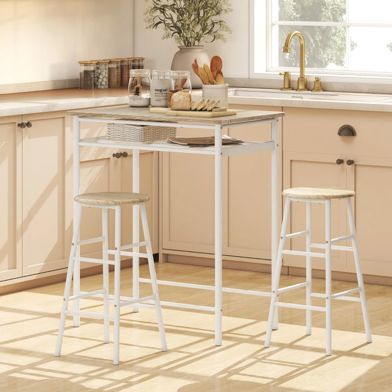 HOMCOM Conjunto de Móvel Bar com Mesa Alta e 2 Bancos com Prateleira de Armazenamento e Estrutura de Metal 80x50x90cm Branco e Madeira
