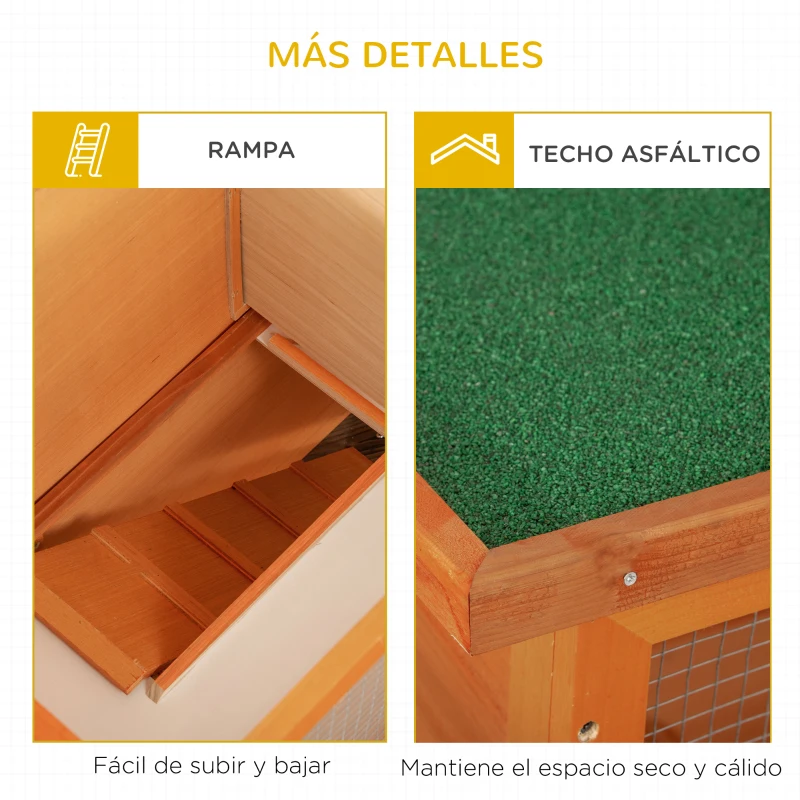 PawHut Conejera de Madera 90x45x80 cm Jaula para Conejos Jaula para Cobaya con Corral de Metal Techo Asfáltico Bandeja Extraíble y Rampa para Exterior Natural
