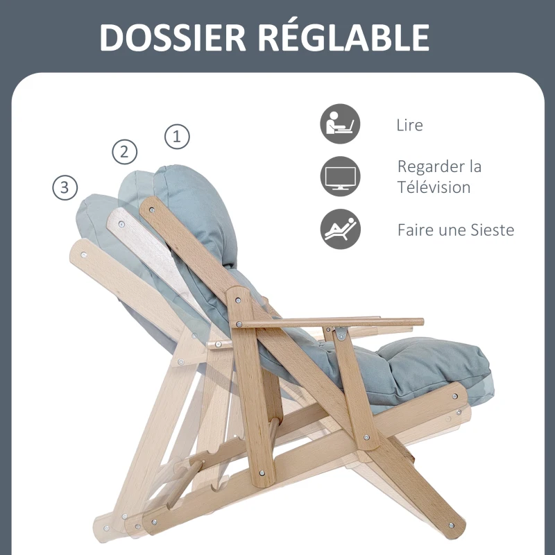 HOMCOM Fauteuil Chaise de Salon Pliable et inclinable en Bois Fauteuil Relax Confortable avec Coussin capitonné épais