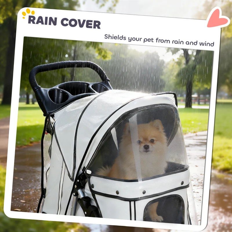 PawHut Carrito para perros Cochecito plegable para gatos hasta 10 kg con funda para lluvia, tiras reflectantes, cesta de almacenamiento 77x44x102 cm gris