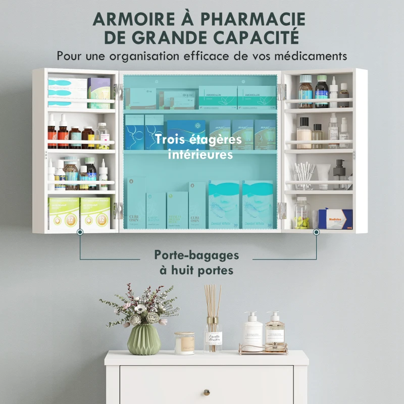HOMCOM Armoire à pharmacie murale, armoire à médicaments à 4 étagères avec double porte verrouillable 2 clés, 53x20x53cm, blanc