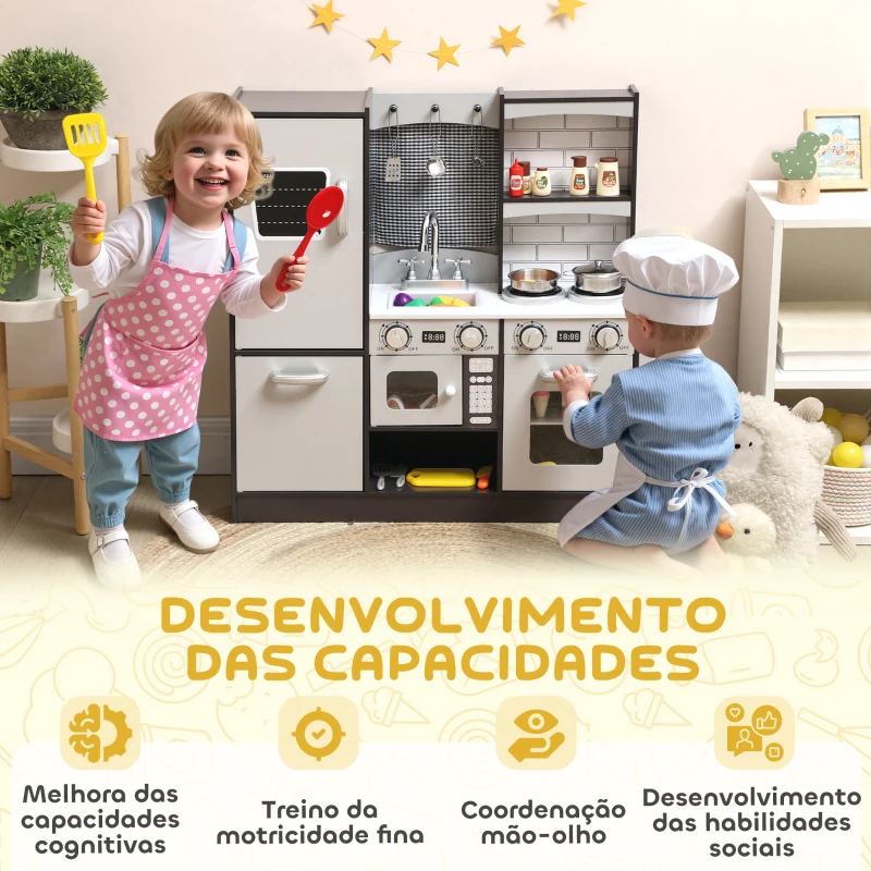 AIYAPLAY Cozinha de Madeira com Som Cozinha de Brincar Infantil com Acessórios em Aço Inoxidável Frigorífico Micro-Ondas, Lava-Loiça 81x27x79,7 cm Castanho Escuro