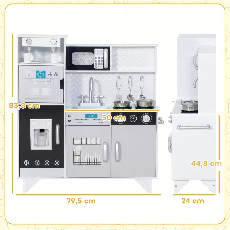 AIYAPLAY Cozinha de Madeira com Som Acessórios em Aço Inoxidável Micro-Ondas, Máquina de Gelo Cafeteira, Máquina de Lavar Loiça 79,5x24x83,8 cm Branco