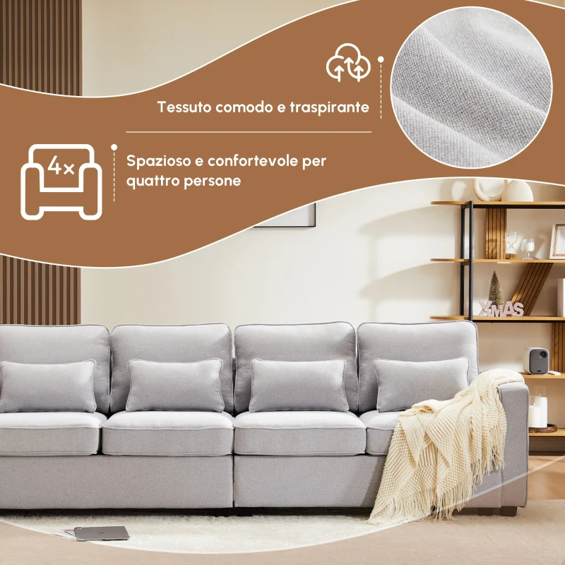Divano Moderno a 4 Posti in Tessuto di Lino con Tasche sui Braccioli e 4 Cuscini Lombari, Adatto per Soggiorno e Ufficio, 264x83x87 cm, Grigio