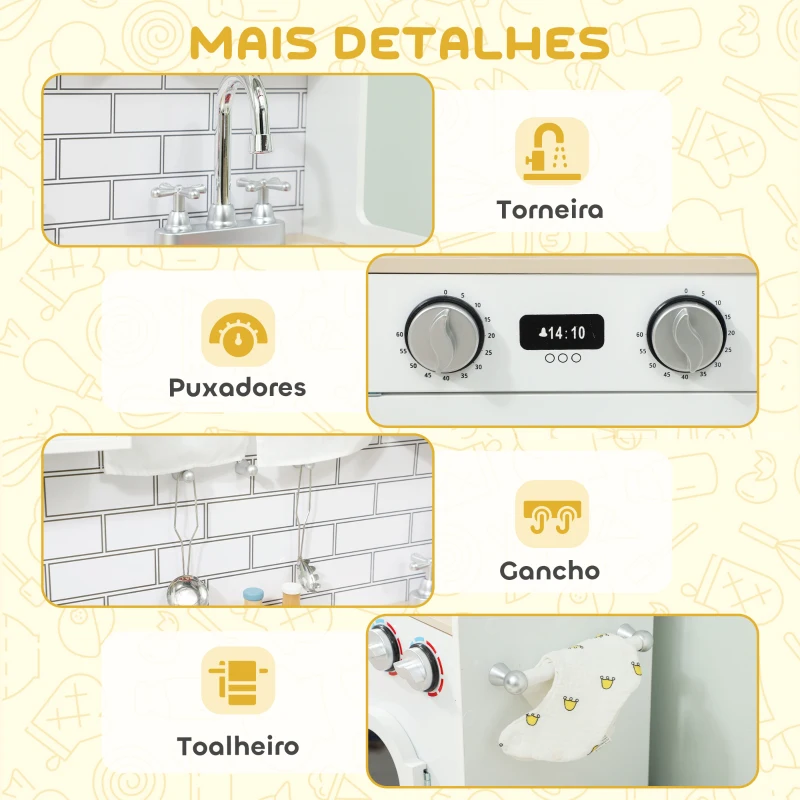 AIYAPLAY Cozinha de Madeira com Som Cozinha de Brincar com Acessórios em Aço Inoxidável Máquina de Lavar Micro-Ondas, Lava-Loiça 79,5x24x94 cm Branco