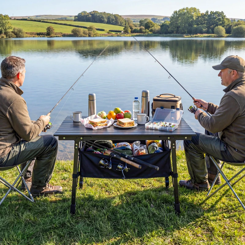 Outsunny Campingtisch mit Aufbewahrungskorb, höhenverstellbar, faltbar, Aluminium, Schwarz