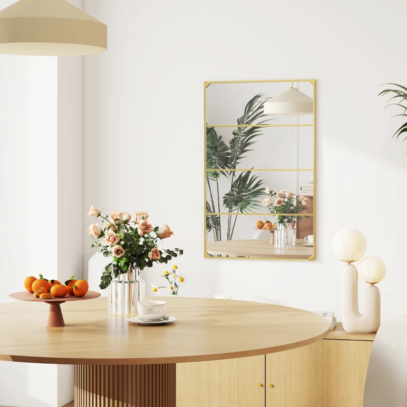 HOMCOM Espelho de parede retangular estilo verrière, estilo industrial, horizontal ou vertical com 4 ganchos, em metal dourado 109 x 69 cm