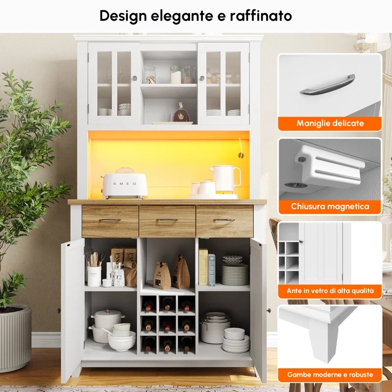 Mobile alto per cucina con illuminazione LED, 106x40x179,5 cm, Legno e Bianco