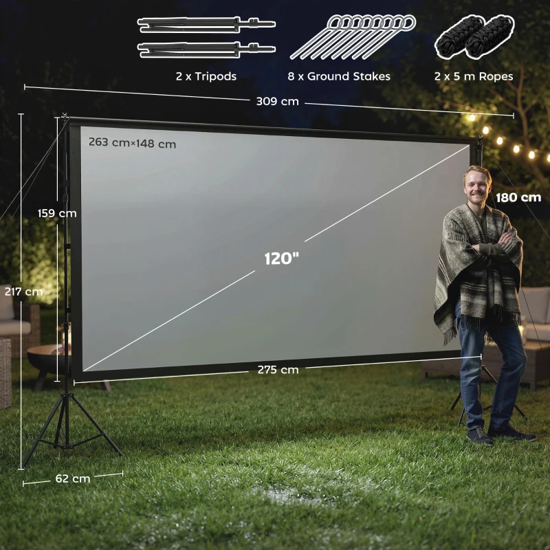 HOMCOM Projection Screen 304.8 cm 16:9 HD 4K/8K, 160° Viewing Angle, Double-Sided with Foldable Tripods, White