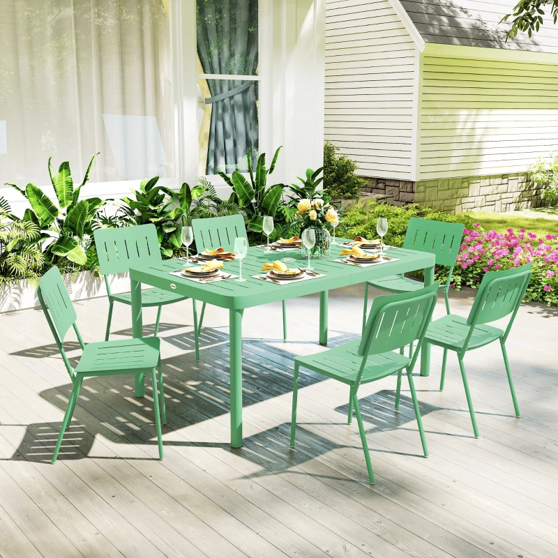 Outsunny Table de jardin extérieure avec 6 chaises, plateau à lattes 150 cm, structure en acier anti-rouille, vert