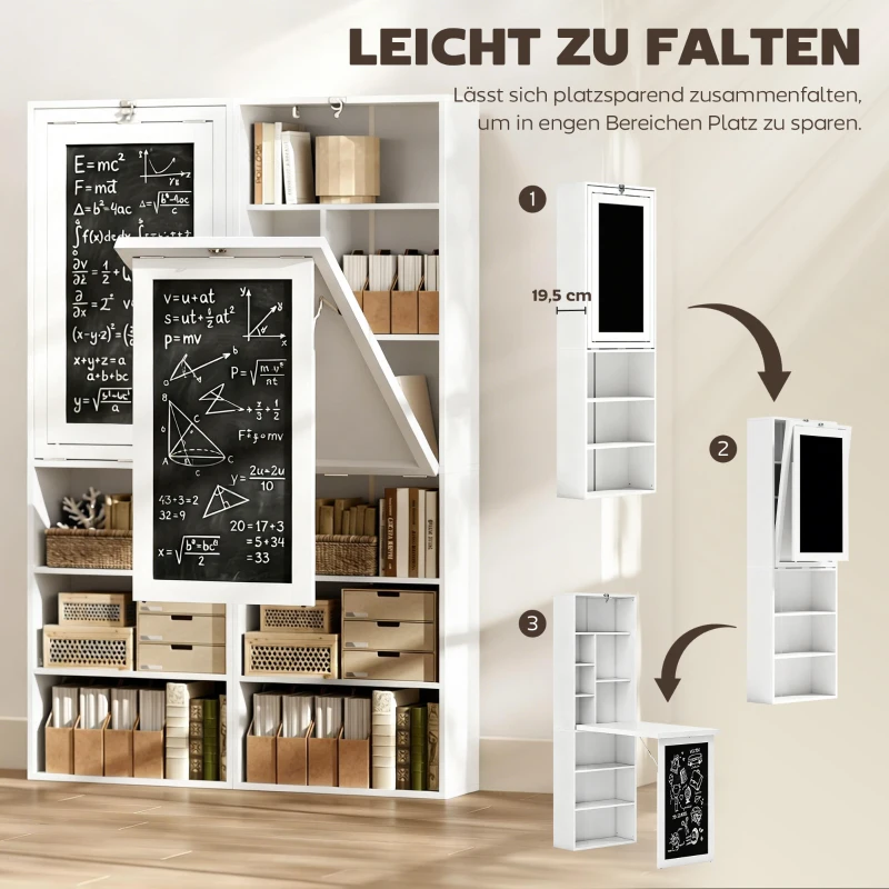 HOMCOM Schreibtisch Esstisch klappbar mit 6 Fächer Bücherregal mit 3 Regale Computertisch Bürotisch E1 Spanplatte Metallrahmen Weiß 98 x 51 x 153 cm