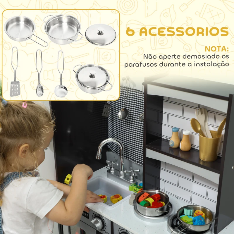 AIYAPLAY Cozinha de Madeira com Som Cozinha de Brincar Infantil com Acessórios em Aço Inoxidável Frigorífico Micro-Ondas, Lava-Loiça 81x27x79,7 cm Castanho Escuro