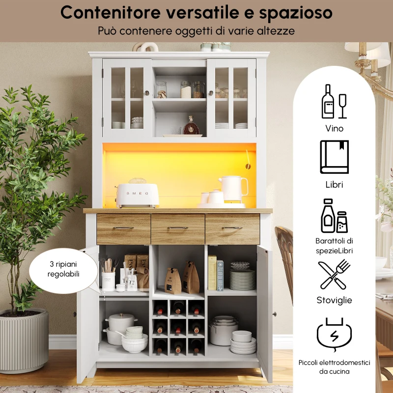 Mobile alto per cucina con illuminazione LED, 106x40x179,5 cm, Legno e Bianco
