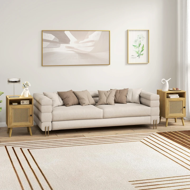 HOMCOM Juego de 2 Mesillas de Noche Estilo Cannage con Puerta y Estante Abierto Mesas Auxiliares 39x35x60 cm Natural