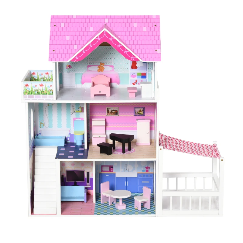 HOMCOM Casa delle Bambole in Legno, Casetta delle Bambole per Bambini a 3 Piani con 13 Accessori, Giocattolo per Bambini 3+ Anni
