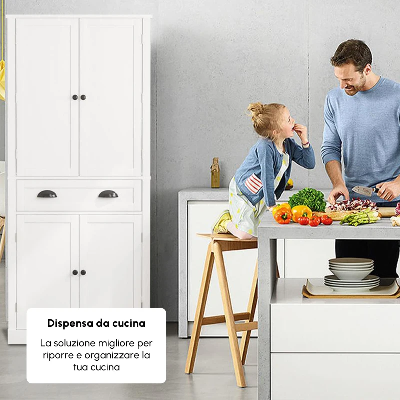 Armadio contenitore moderno con 4 ante e 1 cassetto, 6 ripiani portaoggetti e 4 ripiani regolabili, adatto per cucina, sala da pranzo e soggiorno, 80x40x182 cm, Bianco
