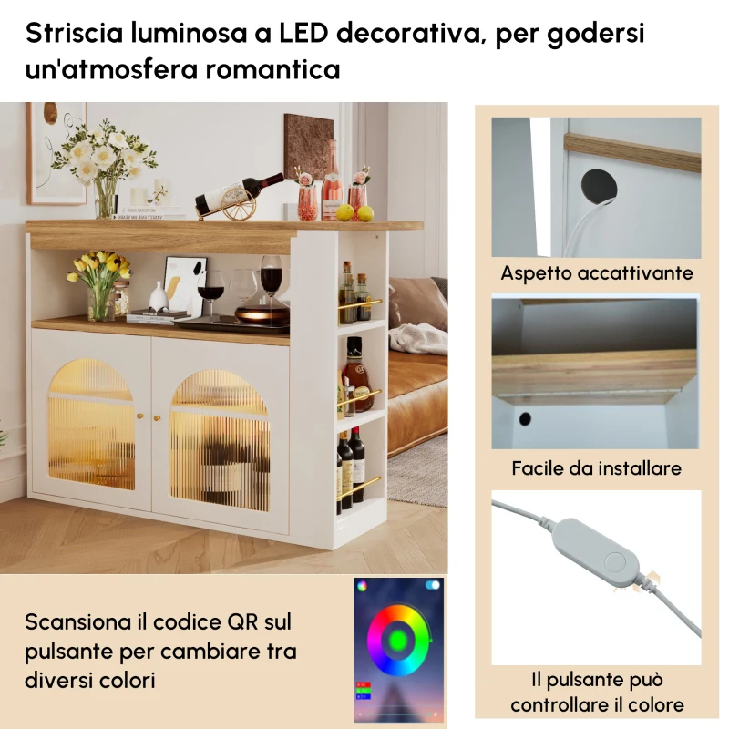 Moderno tavolo da bar allungabile,con spazio di stoccaggio, Rotabile, 138-193×39×105 cm, Bianco