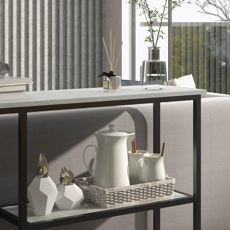 HOMCOM Console meuble 100 cm, table console 3 niveaux, plateaux en effet marbre, cadre en acier, blanc