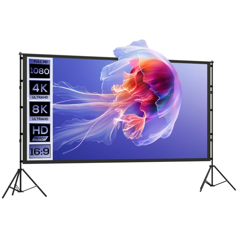 HOMCOM Tela para Projetor 305 cm 16:9 HD 4K/8K Ângulo de Visão 160° Dupla Face e Tripés Dobráveis Branco