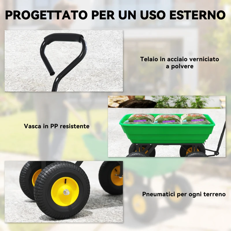 Outsunny Carrello da Giardino 75L in Acciaio e PP con Vasca ribaltabile e Maniglia, 109x52x94 cm, Verde