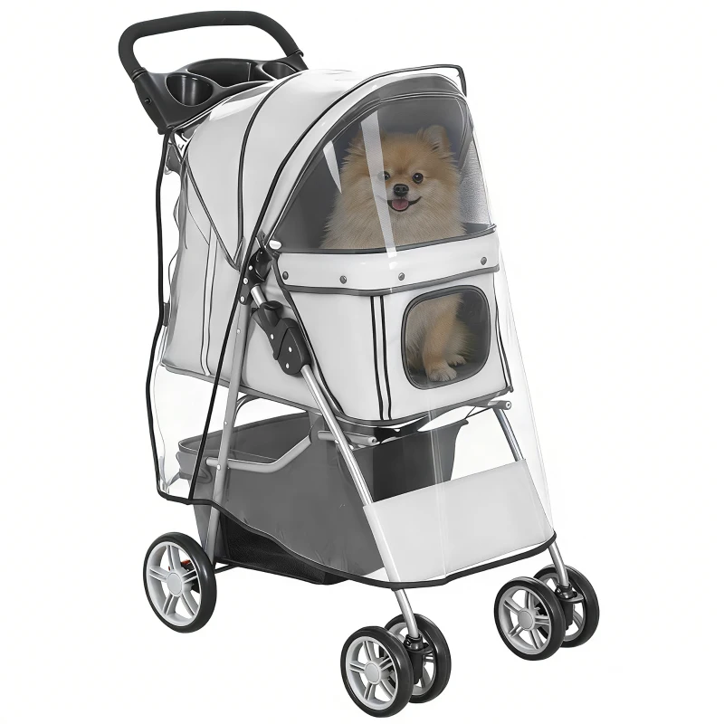 PawHut Carrinho para Cães Carrinho Dobrável para Gatos até 10kg com Capa de Chuva Faixas Refletoras Cesto de Armazenamento 77x44x102 cm Cinza