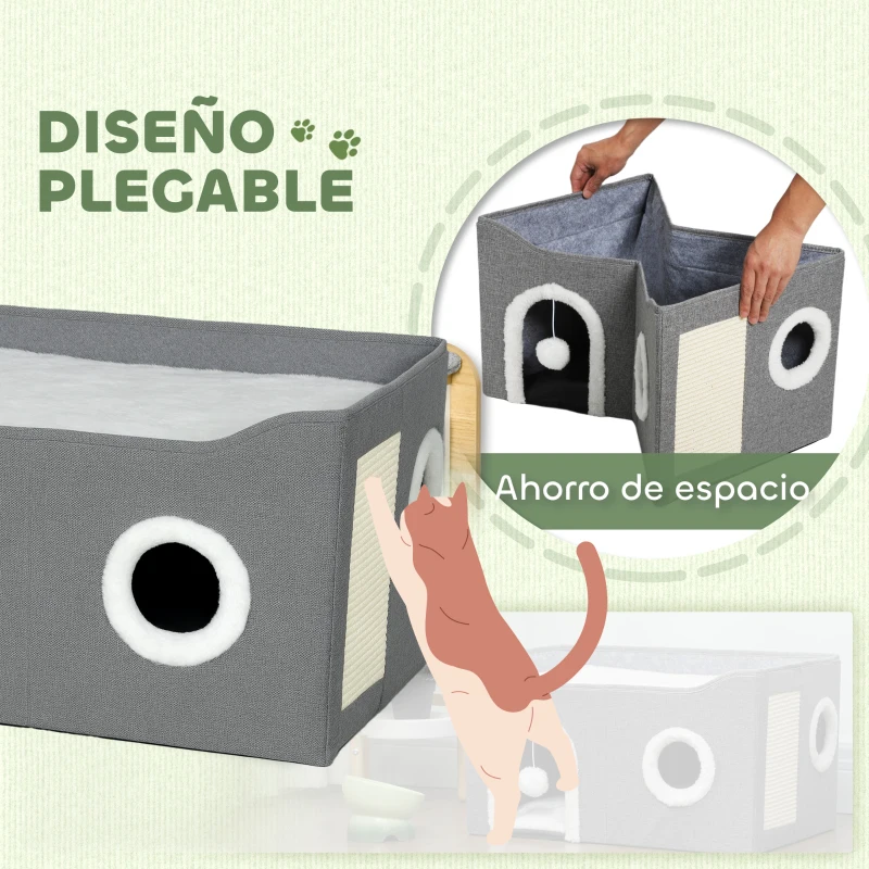 PawHut Casa para Gatos Plegable con Rascador 3 Entradas Bola Colgante Cojín Reversible en Felpa y Tipo Lino 60x40X34 cm Gris