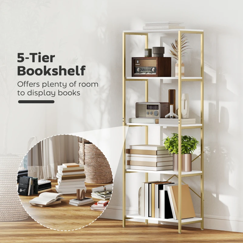 HOMCOM 5-Tier Bookshelf, Modern Bookcase with Metal Frame - White and Gold Tone
